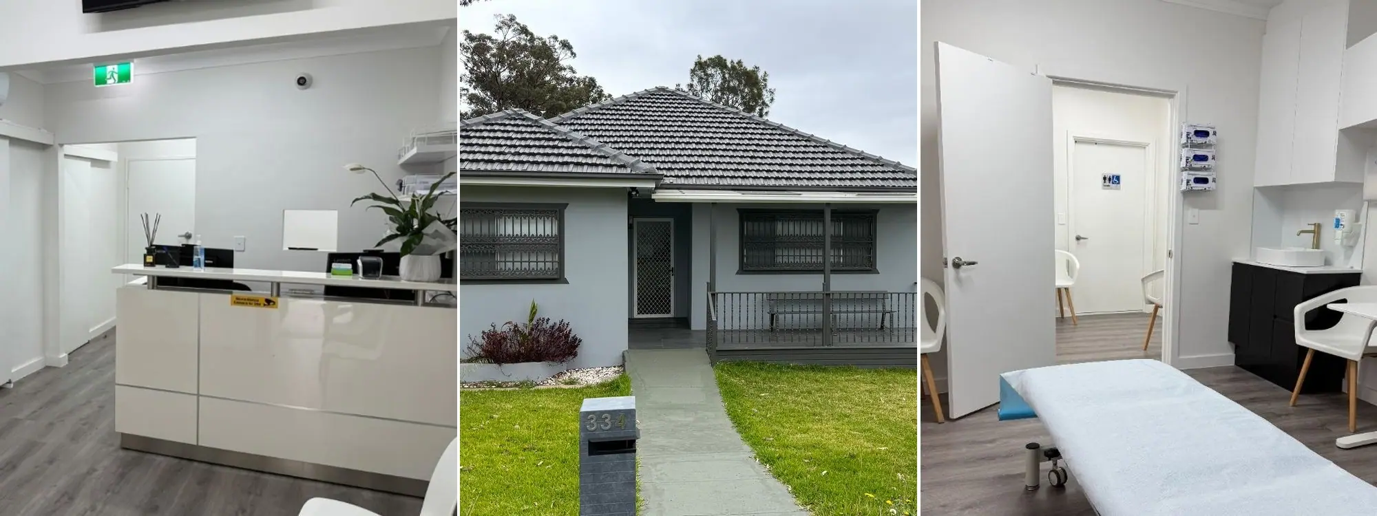 Excelsior Care Group clinic locations in Gladesville and Bass Hill, showing the reception lounge, treatment suite with branded physiotherapy equipment, and private consultation rooms
