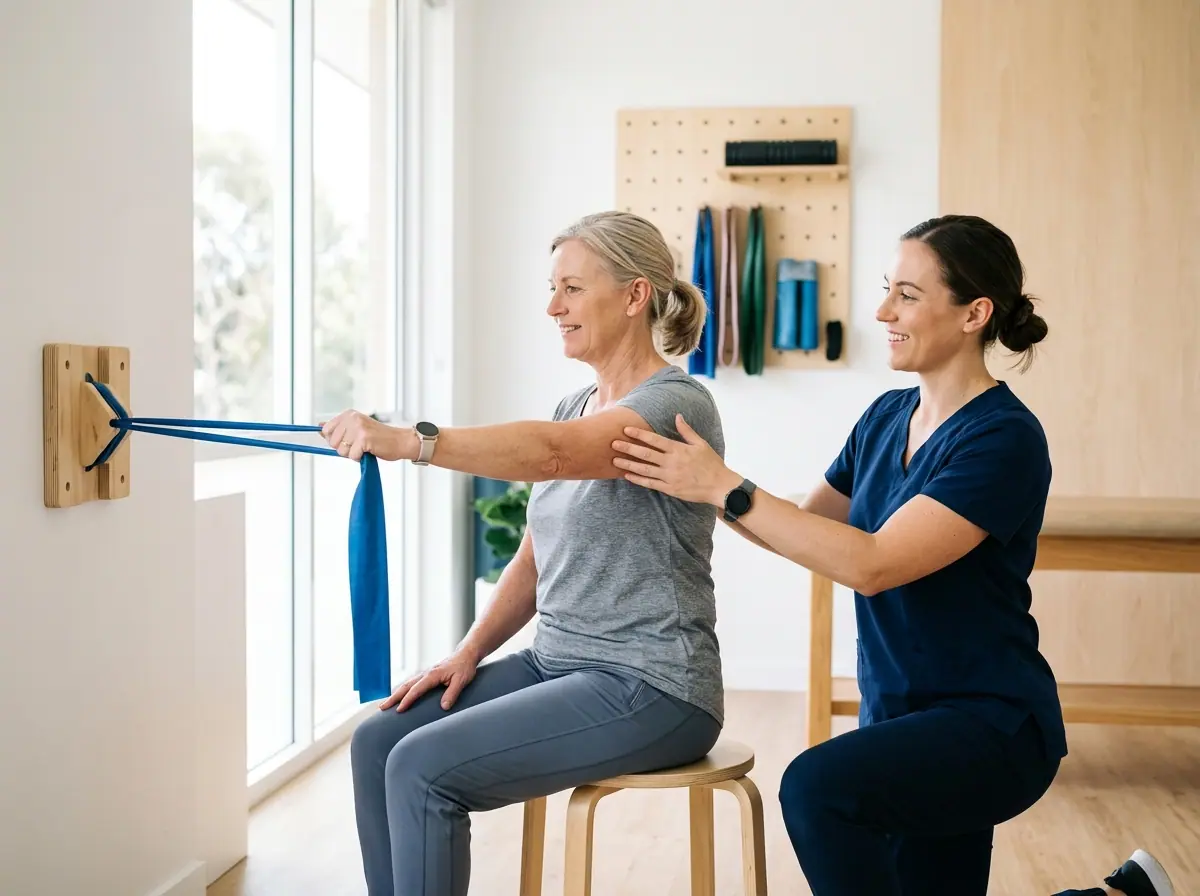 Exercise physiologist coaching a client through a resistance band exercise