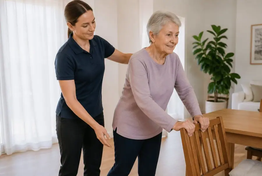 Physiotherapist guiding an older woman through a balance exercise at home