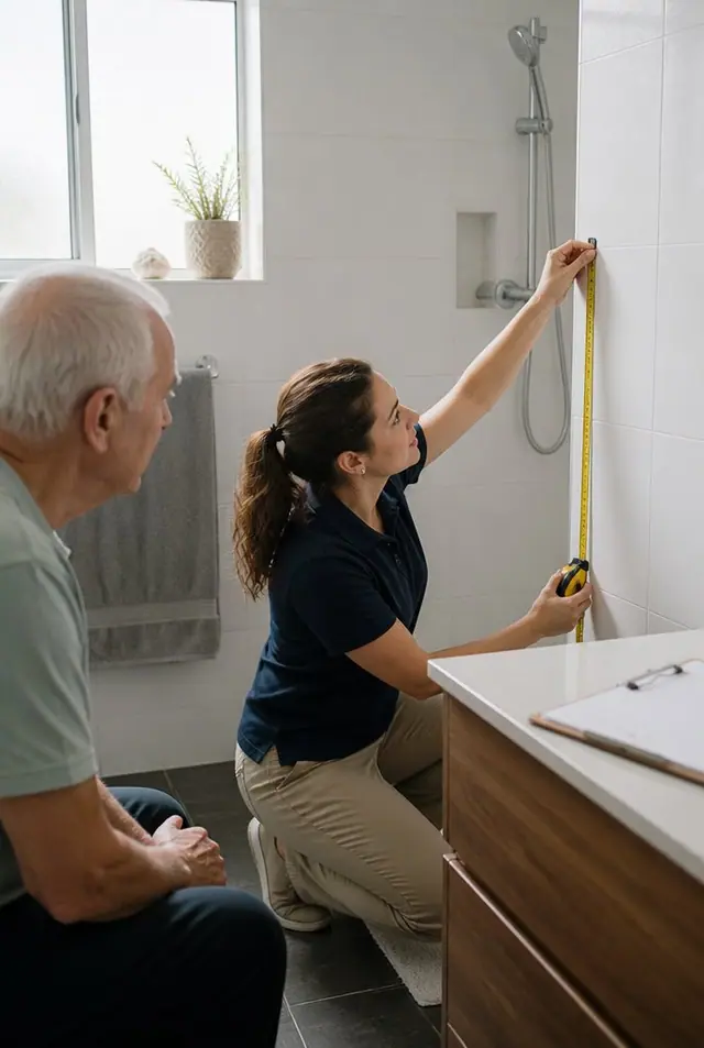 Occupational therapist measuring a bathroom wall for a grab rail