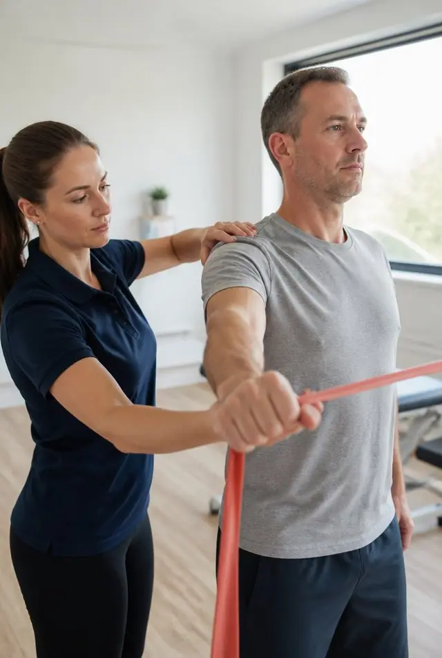 Physiotherapist assisting a client with a resistance band exercise