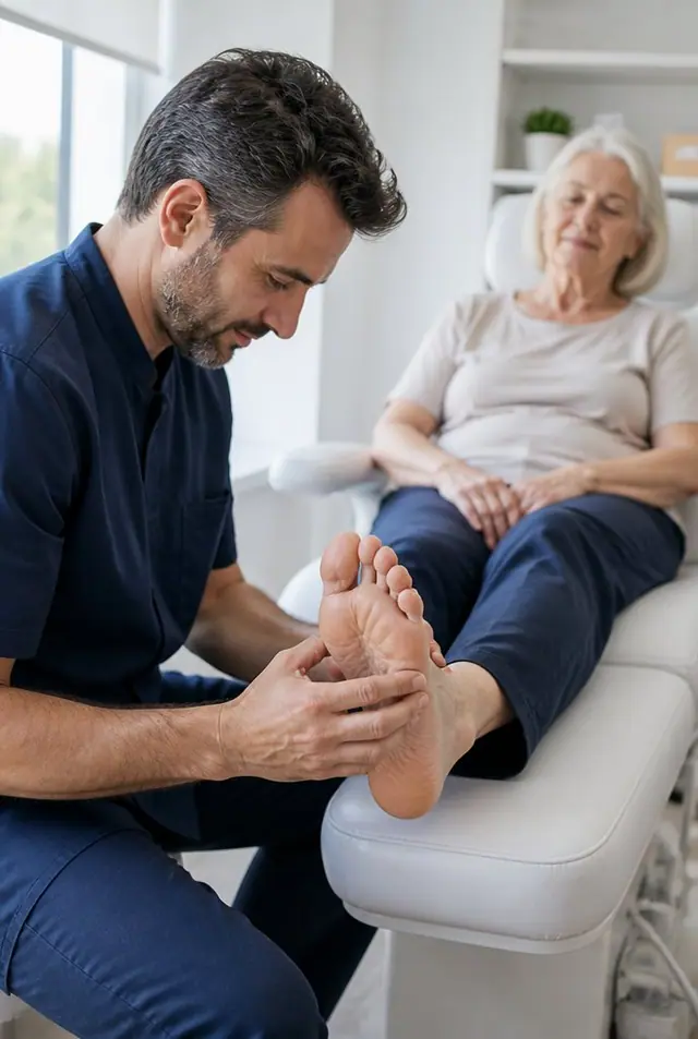 Podiatrist examining a client’s foot in clinic